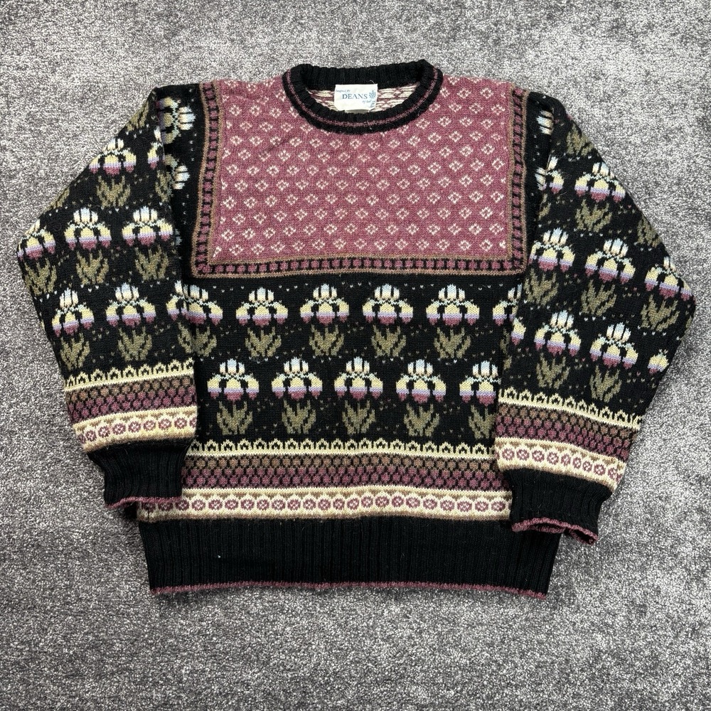 Vintage Deans Of Scotland 100% Shetland Wool Sweater Size XL Purple Knit Floral